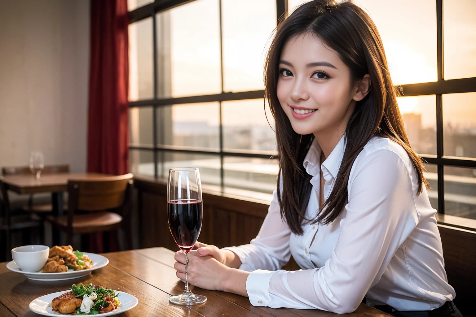 ((Highest quality、8K、masterpiece:1.3))、Sharp focus:1.2、Beautiful woman perfect body:1.4、slimなボディ、((Bob Hale、Straight hair:1.2))、(to be born, Highest quality, masterpiece:1.5), (Realistic, Intricate details:1.2), Ultra-high resolution, Facial Lighting、Amazing view of the sunset sky and clouds、Amazing mountain views、ニコニコ明るいsmile、wine glass、red wine 、Appetizers、Italian food、Wine bottle、Champagne、sparkling wine、, Beautiful Face, blue eyes, The light shines on your face, Blushing, short hair,Bright Face、Fox face、 (36 years old), 39 years old, Lady、Two beauties、Brown Hair、Shortcuts、Long sleeve shirt、dress、Beautiful woman 1, (slimな顔), (The body is slim), (Brown Hair), (Shortcuts), cheeks turn a little red,Attractive beauty、, Out of the window, Beautiful and detailed night view.........., restaurant, In a prominent place (From the waist up) Nova Frog Style, actress, model, Upper Body, White wine, slim, wine glass, 真ん中に置かれたwine glass, smile, (smile: 1.15), Beautiful fine grain, Depth f/2,saturation, High Contrast, Strong light and shadow,Moist Body:1.5、3D texture、Delicate eyes、Brown Hair、The hair is very shiny、