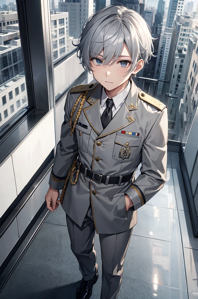 Skyscraper、boy、Gray Hair、White military uniform