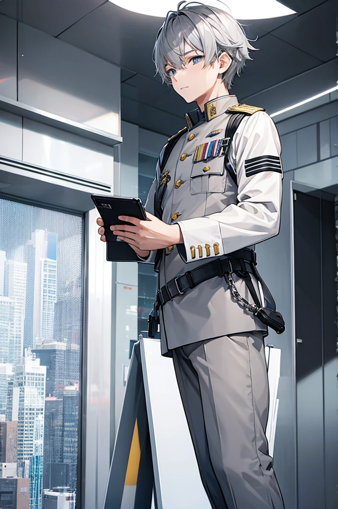 Skyscraper、boy、Gray Hair、White military uniform