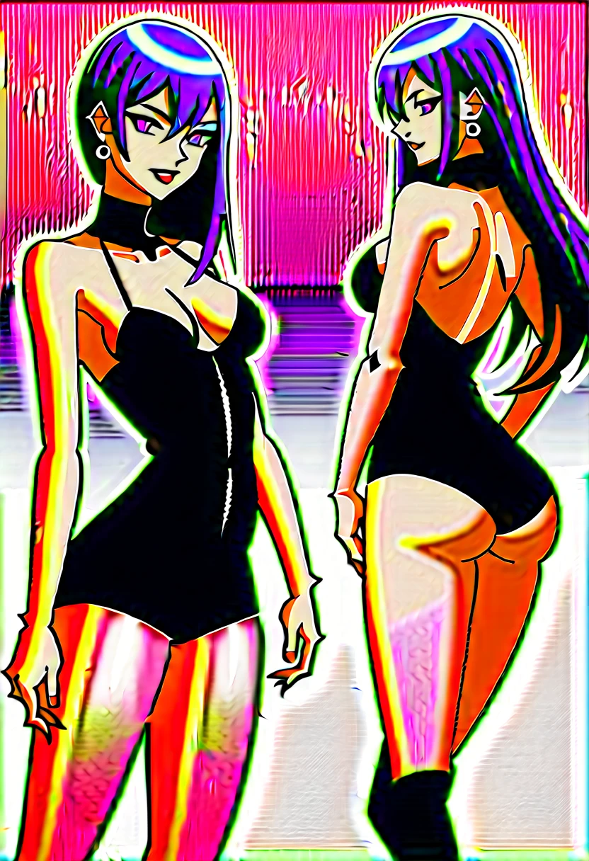 (anime, masterpiece, intricate:1.1), summer aestetic background, comics_darkstalkers_morrigan_aensland, Slender hips, slim stomach, thin waist, sexy posing, back view, aesthetically pleasing rear view, right image only, looking at viewer, medium breasts, slim body, violet hair, violet eyes, skimpy black dress, long hair, black garter stockings, very short mini skirt, lingerie, heart shaped earrings, girly decorations, solo, flowers, modest smile, bright red lipstick, painted nails (red), from behind