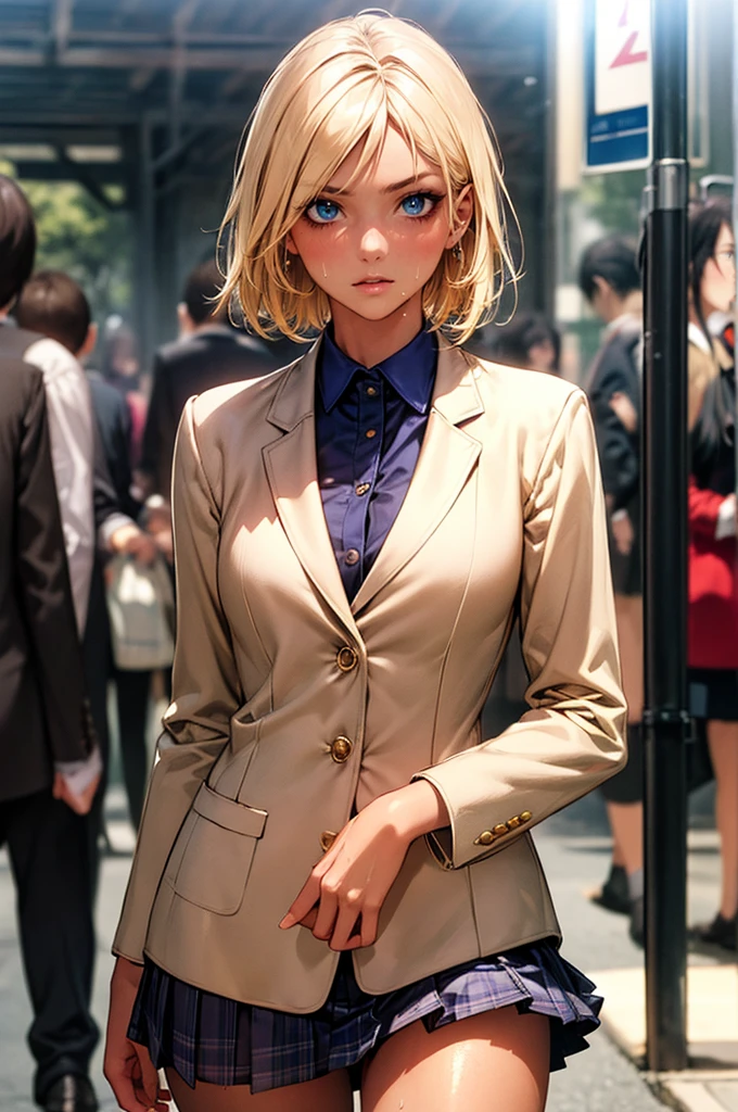 ((perfect anatomy:1.2,realistic:1.3,RAW Photography:1.3,masterpiece、highest quality、Ultra - High resolution、High resolution、Highly detailed CG、8K)),cowboy shot,1 female,solo,18-year-old、High school girl beautiful girl, Japanese,((beautiful detailed face and eyes:1.2,big gorgeous eyes:1.3,)),blonde hair,short hair,(center parted hair:1.4,forehead),large breasts,slender body,small head:1.3,skinny,(brown skin:1.3),(oily skin,gleaming skin,shiny skin,sweat),(school uniform、Dark blue blazer jacket、plaid pleated mini skirt),Shibuya Station、on street,neon、at night、Tokyo、