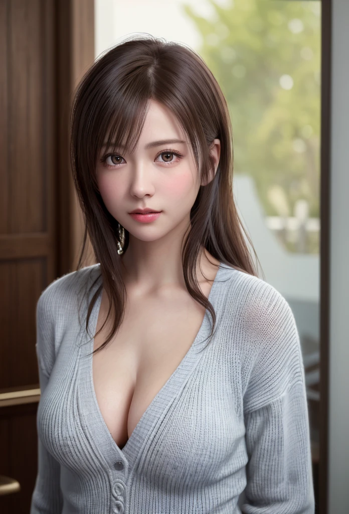 8K, of the highest quality, masutepiece:1.2), (Realistic, Photorealsitic:1.37), of the highest quality, masutepiece, Beautiful young woman, Pensive expression,、A charming、and an inviting look, Oversized knitwear、cleavage of the breast, Hair tied back, Cinematic background, Light skin tone