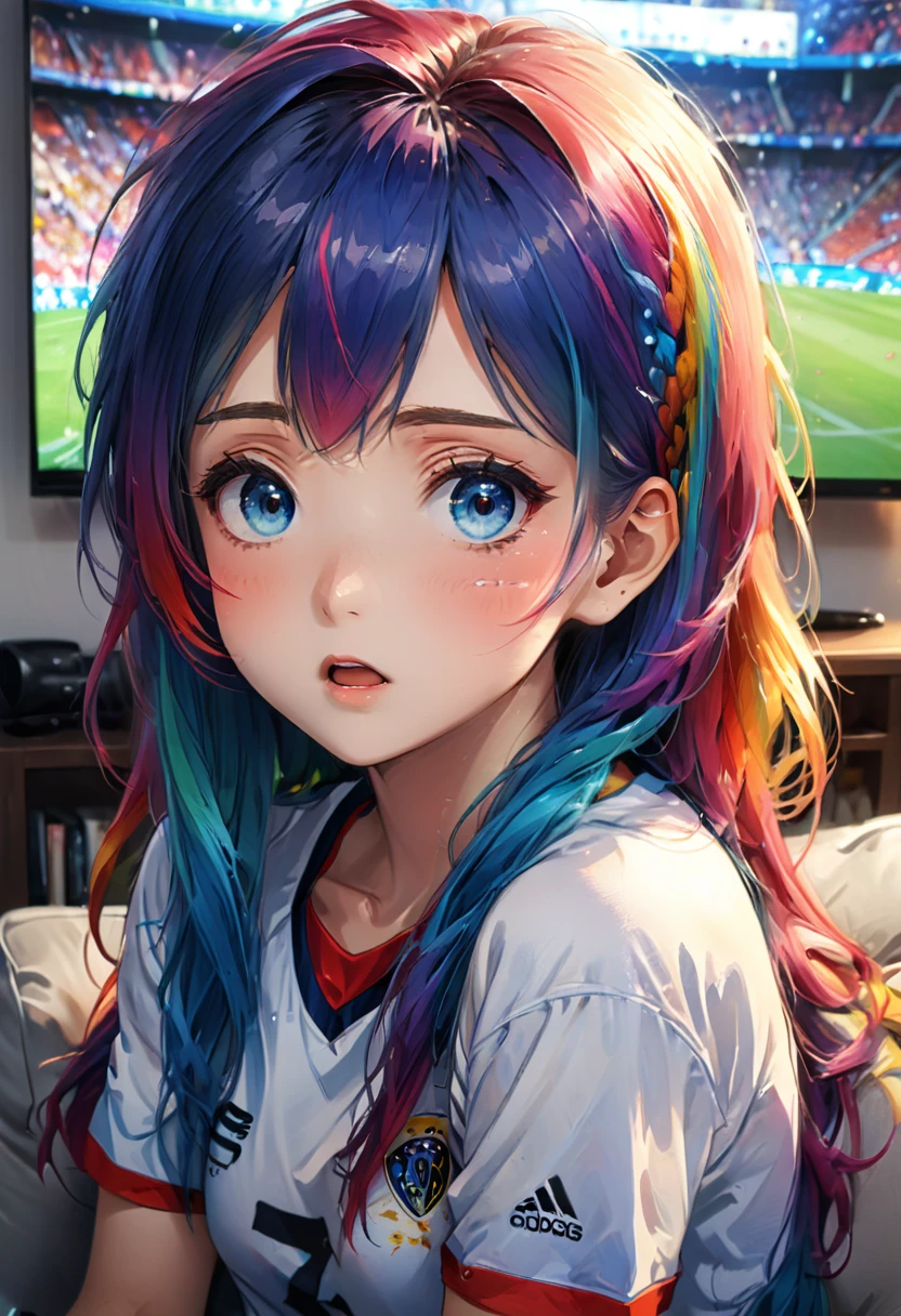 a 20 year old cute anime girl watching the EURO 2024 match,1girl,detailed face,beautiful eyes,beautiful lips,long eyelashes,sitting on couch,concentrated expression,sports jersey,excited expression,television in background,realistic,photorealistic,HDR,ultra-detailed,masterpiece,vibrant colors,cinematic lighting, anime style, wavy long hair, bangss, rainbow hair, vibrant colors