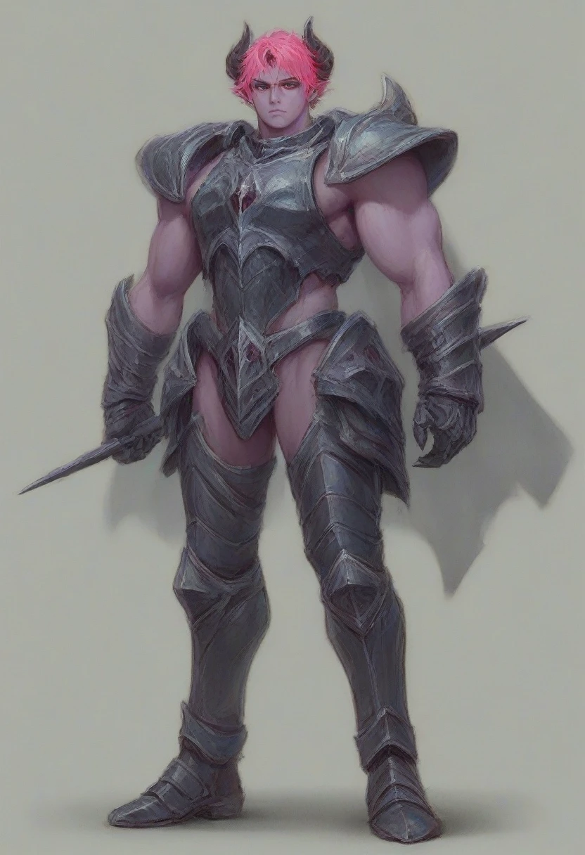 A purple skin man, with pink hair and horns, buff, athletic, big muscles, full body armor, warrior, big chest, manly face, evil, devilish, red eyes, villain