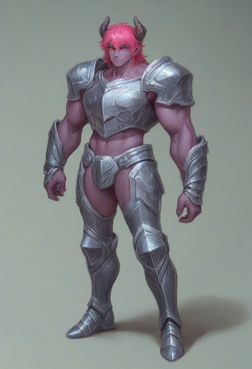 A purple skin man, with pink hair and horns, buff, athletic, big muscles, full body armor, warrior, big chest, manly face, evil, devilish, red eyes, villain