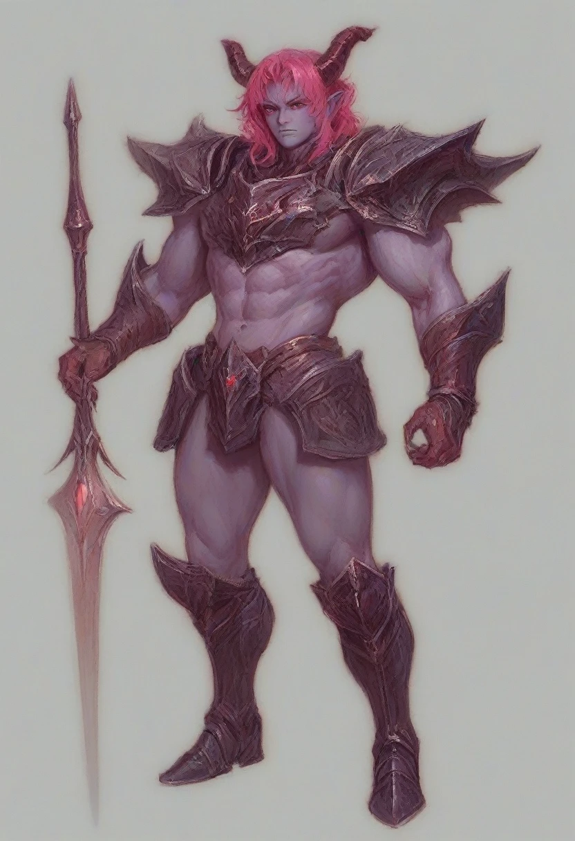 A purple skin man, with pink hair and horns, buff, athletic, big muscles, full body armor, warrior, big chest, manly face, evil, devilish, red eyes, villain