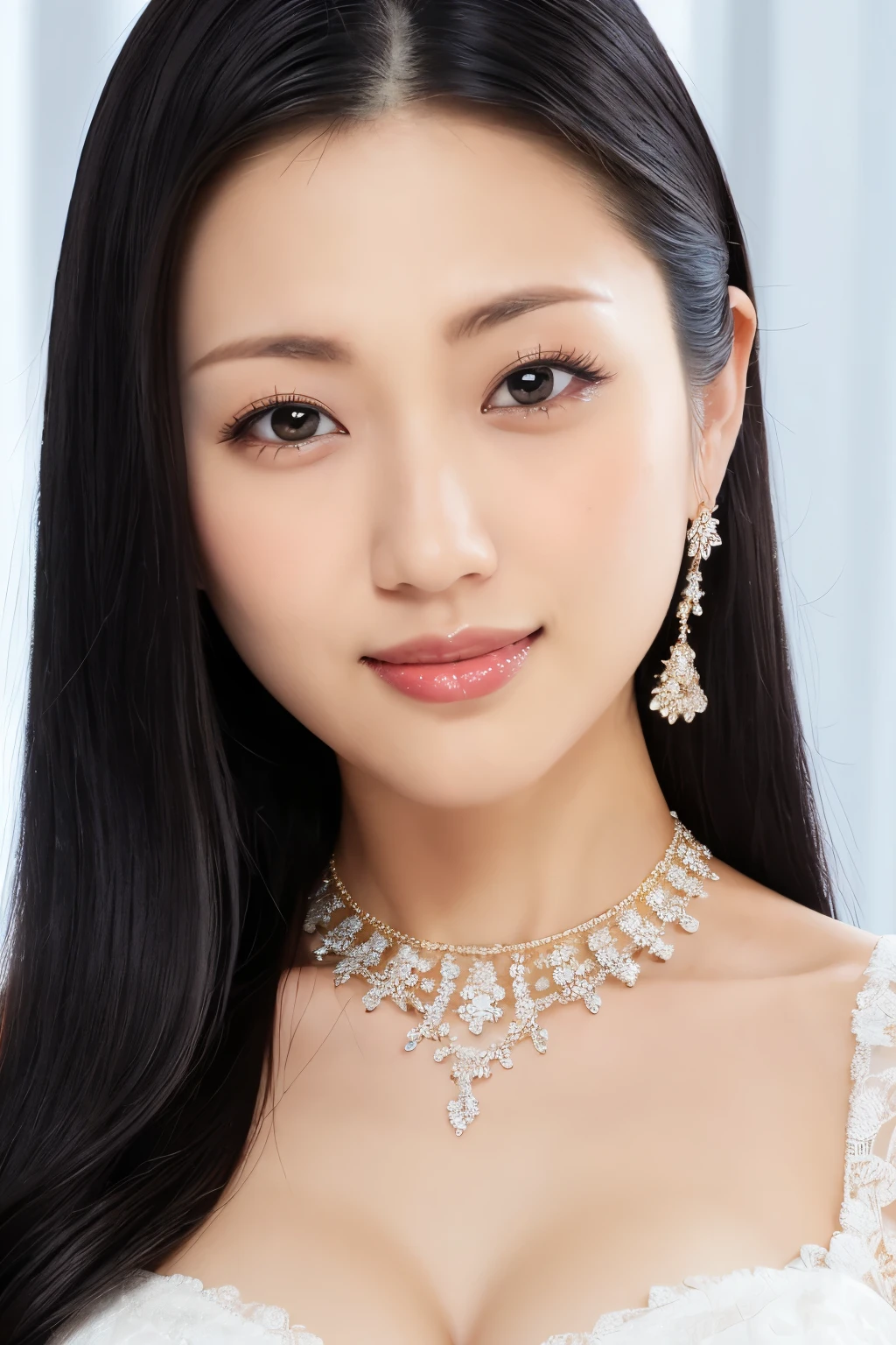 (Highest quality、Tabletop、8K、Best image quality、Award-winning works)、One beautiful bride、(alone:1.1)、(The most extravagant and gorgeous huge pure white wedding dress:1.1)、(Perfect Wedding Lace:1.2)、(The most gorgeous and luxurious giant tiara:1.1)、(The most extravagant and luxurious giant necklace:1.1)、The finest jewellery decoration、Perfect Makeup、Long eyelashes、Ultra HD Shining Eyes、Ultra HD Hair、Ultra High Resolution Glossy Lips、Beautiful face in ultra-high definition、(Accurate anatomy:1.1)、Very bright and beautiful skin、very bright and vivid、Perfect beautiful bridal hairstyles、(Front facing body:1.1)、(The simplest solid color background:1.2)、(Cold, expressionless face:1.4)、(Voluptuous body:1.3)、(Large Breasts:1.2)、(Cleavage:1.2)