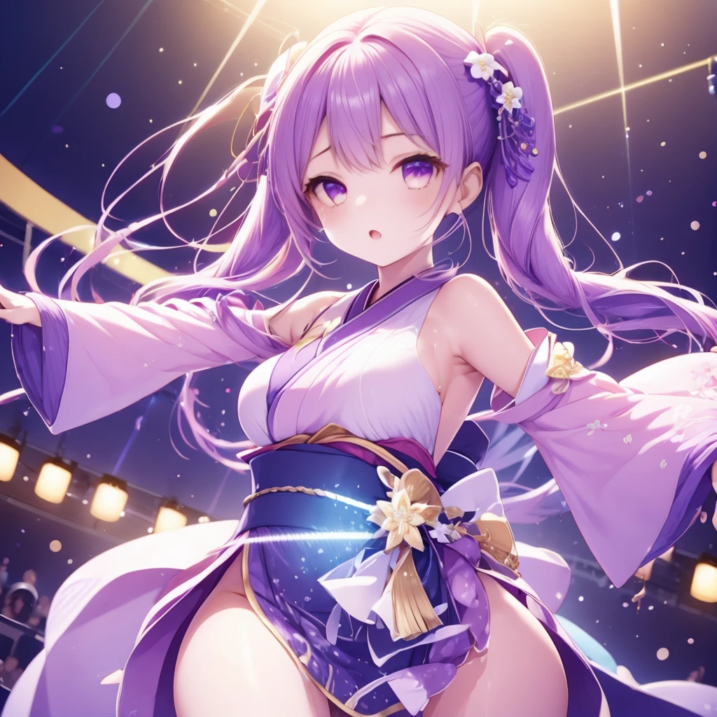 Dynamic young woman、Her vibrant purple hair is styled in twin tails.、Dynamic dancing and singing on stage、In-ear microphone、Wearing a costume that combines elements of traditional kimono and modern idol costumes,、With a fan in each hand、Contemporary influences、Detailed background elements、Lively crowd、Ambient Festival Lights、 Soft warm light、Low-angle camera captures heroic poses、2-point perspective、鮮やかな自然とSpotlightをミックスした照明、Subtle rim lighting、8k rendering、Advanced Texture Techniques、Subtle motion blur、Depth of Field Effect、Laser beam、Magic light effect、Spotlight、Impressive realistic anime style