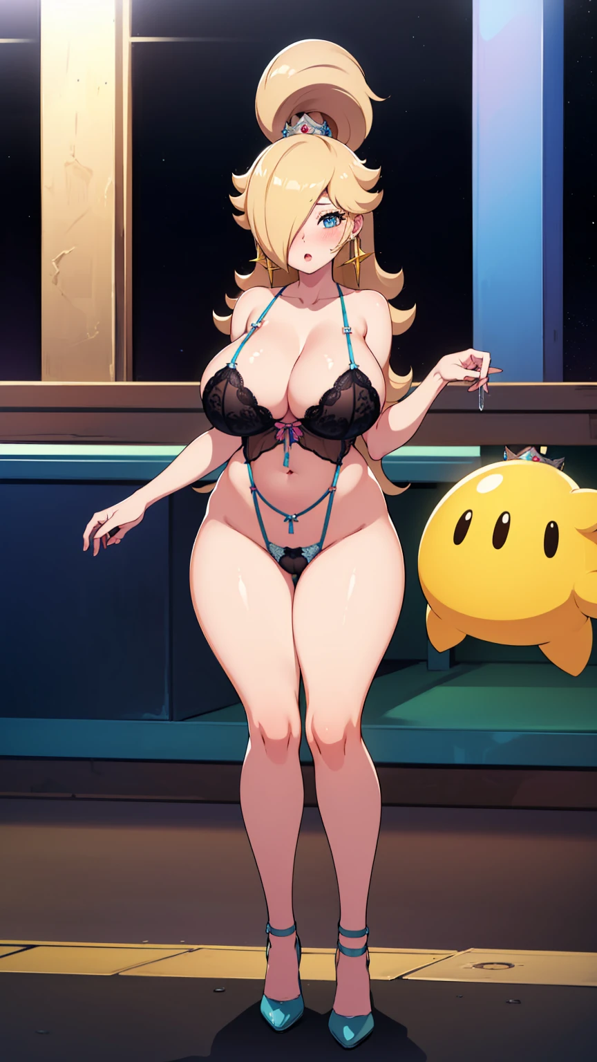 best quality, high resolution, large breasts, blonde hair, blush, embarrassed, cowboy shot, looking at viewer, princess_rosalina, pink lip, sexy legs, heels, sexy pose, (((gigantic breasts))), (((in spacial station))), (((lingerie)))