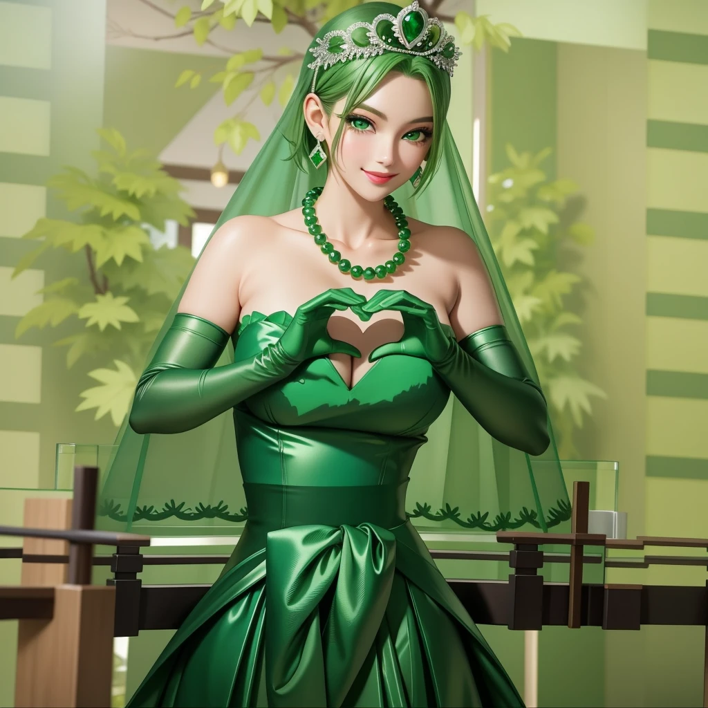 Emerald tiara, Green Pearl Necklace, ボーイッシュな非常に短いGreen Hair, Green Lips, Smiling Japanese woman, Very short hair, Busty beautiful lady, Green Eyes, Green satin long gloves, Green Eyes, Emerald Earrings, Green veil, Heart with both hands, Heart shaped hands, Green Hair, Beautiful Japanese Woman, green lip gloss