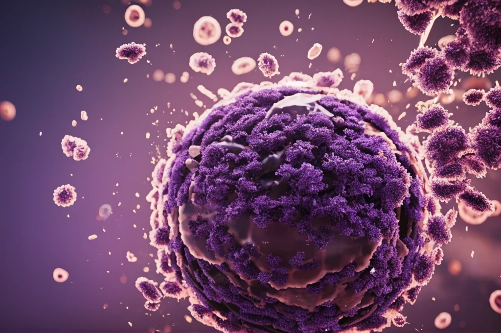 A scene of a round bacterium being disinfected,Bacteria are fragmented,Light bursts out from bacteria,Purple,Octane Rendering,C4D,HD