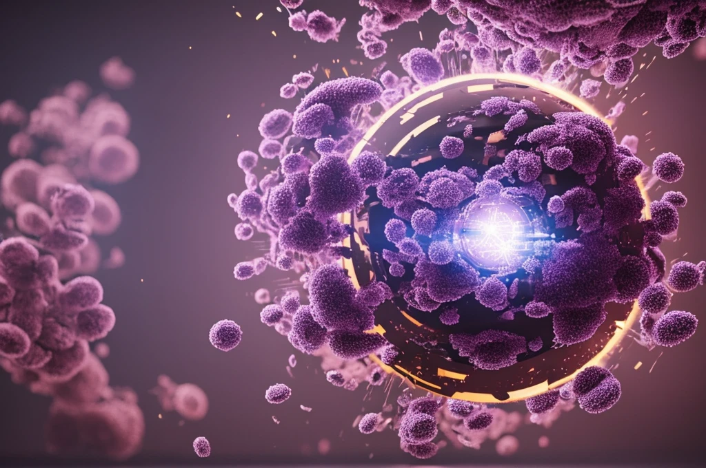 A scene of a round bacterium being disinfected,Bacteria are fragmented,Light bursts out from bacteria,Purple,Octane Rendering,C4D,HD