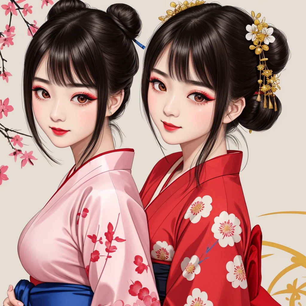 Each has a different expression2People and sisters、(2 girls)、⦅Dancing traditional arts with grace)、((Big Breasts、Small Face、Not exposed))、Highest quality、masterpiece、(Black Hair、Bun Hair)、Brown Eyes、⦅Wide angle、Angle from above the waist、雑誌の表紙のPause、Their gazes are different, staring into the distance⦆、(8K High Quality、masterpiece、High resolution、Realistic and beautiful light and shadow、(Highest quality)、(High Resolution)、(Very delicate and beautiful)、(Beautiful 8k face)、(With a smile、Beautiful eyes)、(Clear skin)、(Soft hair)、(8Head to Body)、(A Japanese-style yukata kimono with red, pink, orange and blue floral patterns on a white background, interspersed with gold powder、Wearing a yukata2Beautiful Japanese girls)、((Tanabata decoration background))、((Small Face))、(arms up)、Thin and small nose、(Red lipstick)、(Make your cheeks red)、(Glossy skin)、((Ink painting style))、Very thin eyebrows、Overall ultra-high image quality、(She is wearing maiko-style makeup.)、Whitening、Long and beautiful eyelashes、Glowing Skin、(Red cheeks),Straight nose、masterpiece、Highest quality、whole body、 Eyebrows visible through hair、Bun Hair、Grin、Gal、コGal、Viewer's Eyes、Plaid、Stylish、woman、fine、Pause、
Waiting to start