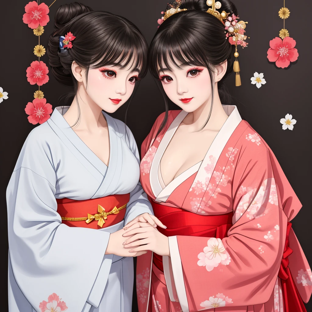 Each has a different expression２People and sisters、(２ girls）、｟Dancing traditional arts with grace)、((Big Breasts、Small Face、Not exposed))、Highest quality、masterpiece、（Black Hair、Bun Hair）、Brown Eyes、｟Wide angle、Angle from above the waist、雑誌の表紙のPause、Their gazes are different, staring into the distance｠、(８K High Quality、masterpiece、High resolution、Realistic and beautiful light and shadow、(Highest quality)、(High Resolution)、(Very delicate and beautiful)、(Beautiful 8k face)、(With a smile、Beautiful eyes)、(Clear skin)、(Soft hair)、(８Head to Body)、(A Japanese-style yukata kimono with red, pink, orange and blue floral patterns on a white background, interspersed with gold powder、Wearing a yukata２Beautiful Japanese girls)、((Tanabata decoration background))、((Small Face))、(arms up)、Thin and small nose、（Red lipstick）、（Make your cheeks red）、（Glossy skin）、((Ink painting style))、Very thin eyebrows、Overall ultra-high image quality、（She is wearing maiko-style makeup.）、Whitening、Long and beautiful eyelashes、Glowing Skin、（Red cheeks）,Straight nose、masterpiece、Highest quality、whole body、 Eyebrows visible through hair、Bun Hair、Grin、Gal、コGal、Viewer&#39;s Eyes、Plaid、Stylish、woman、fine、Pause、
Waiting to start 

