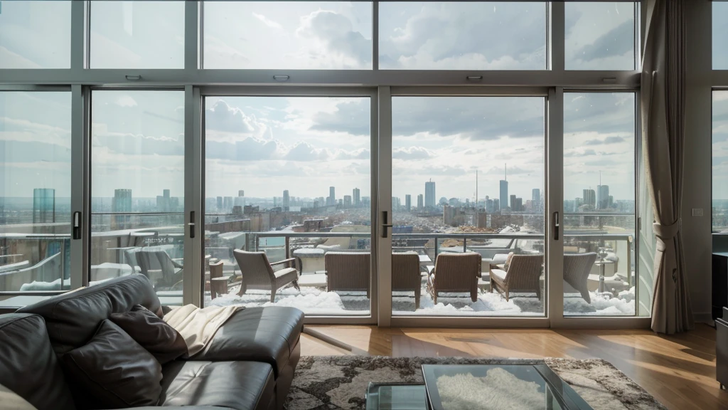 Panoramic view of the living room,Large windows overlooking the city, Unparalleled views, Overlooking the modern city, beautiful scenery, 日落Beautiful view, sparse field, Beautiful view, Stunning views, Penthouse, Broad horizons, Stunning rendering, city View, Luxurious environment, beautiful scenery, V-Ray 8K Ultra HD Rendering, Architectural Visualization, Spectacular views,Heavy snow outside the window