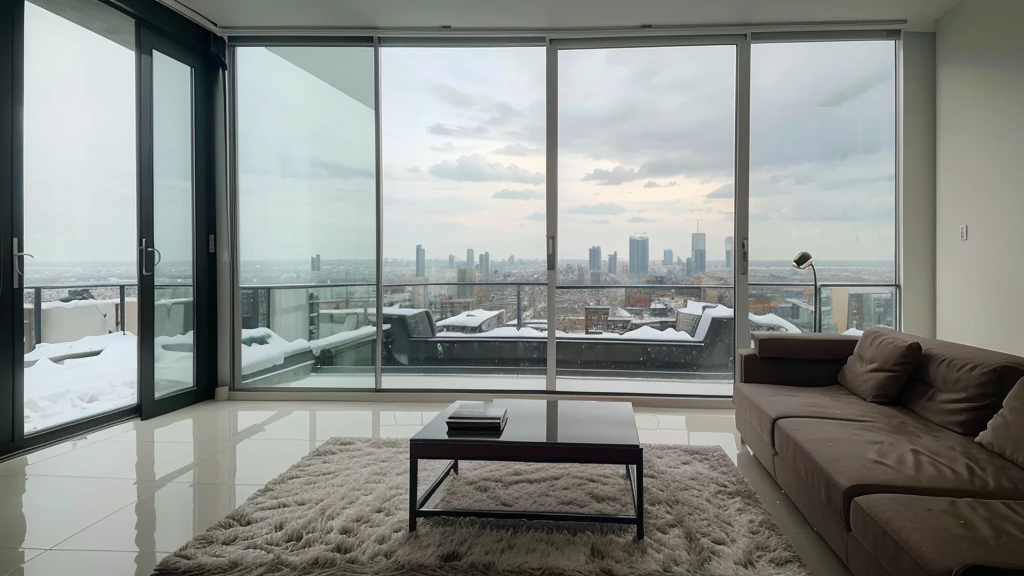 Panoramic view of the living room,Large windows overlooking the city, Unparalleled views, Overlooking the modern city, beautiful scenery, 日落Beautiful view, sparse field, Beautiful view, Stunning views, Penthouse, Broad horizons, Stunning rendering, city View, Luxurious environment, beautiful scenery, V-Ray 8K Ultra HD Rendering, Architectural Visualization, Spectacular views,Heavy snow outside the window