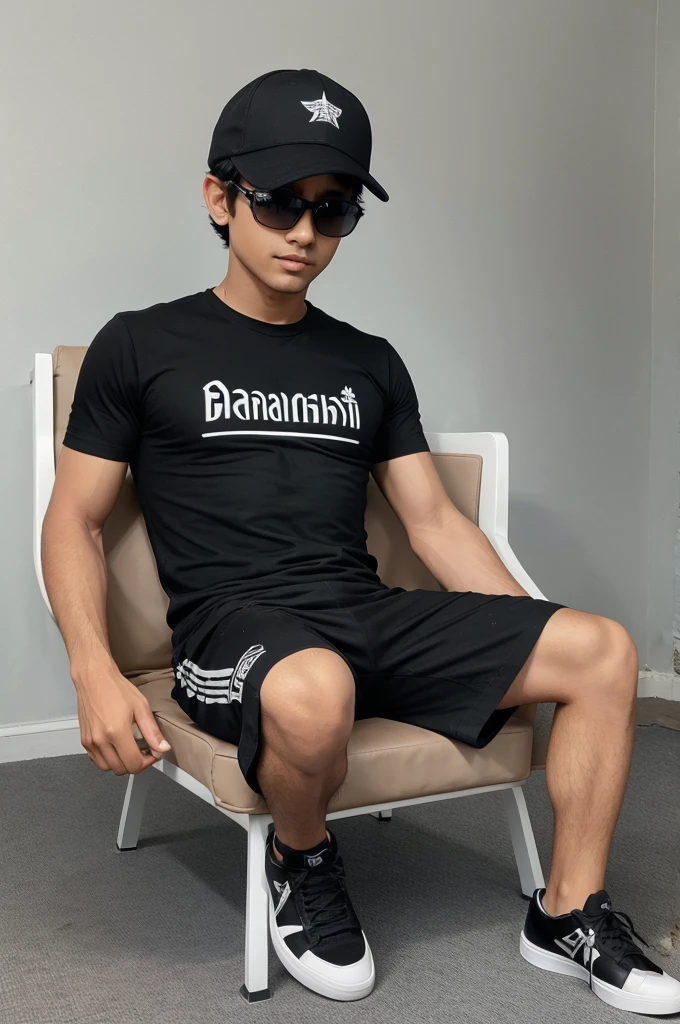 Create a 3D illusion for a WhatsApp profile picture where a boy in a black shirt sits casually on a Wing back Chair. Wearing sneakers,a black cricket cap, and sunglasses, he looks ahead. The background features "uttam" in big and capital white fonts on the black wall. There should not be his shadow, and there are wings to make it appear as if he is an angel