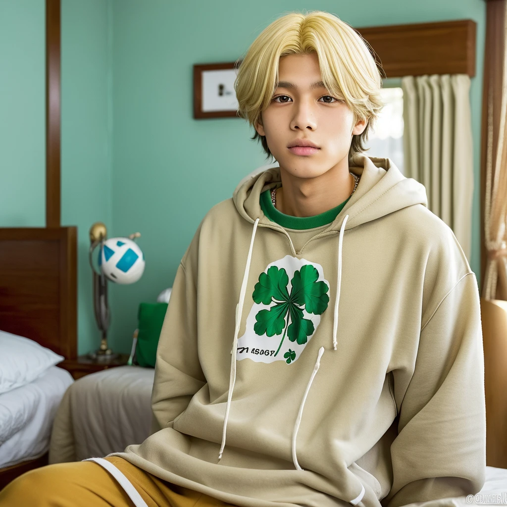 Takemichi Hanagaki Japanese teenager with an average height and fair skin. He has bleached yellow hair down in a tousled style.. Ele tem olhos azuis.He wears a sweatshirt. He also wears a shamrock necklace. He is in his room reading manga