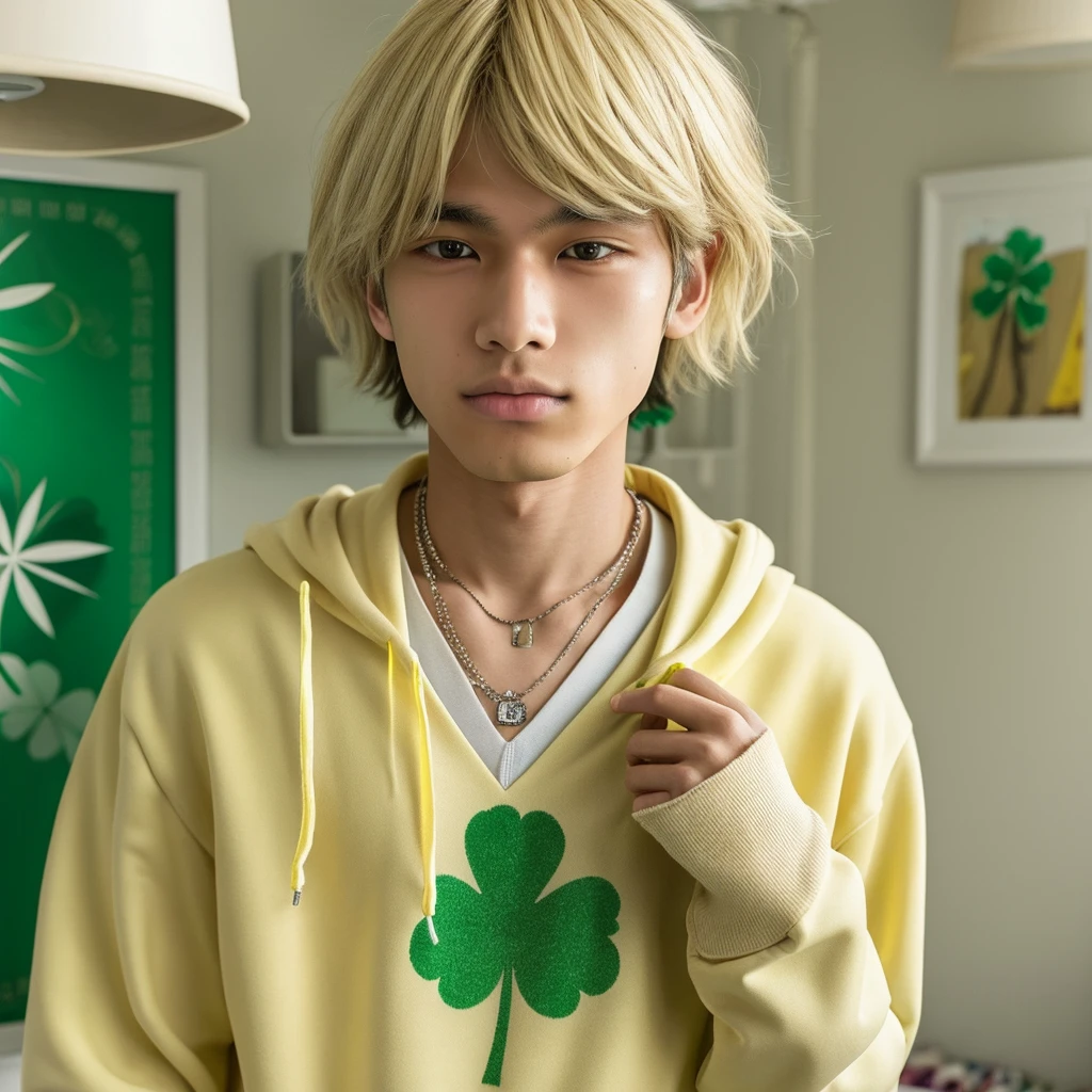 Takemichi Hanagaki Japanese teenager with an average height and fair skin. He has bleached yellow hair down in a tousled style.. Ele tem olhos azuis.He wears a sweatshirt. He also wears a shamrock necklace. He is in his room reading manga