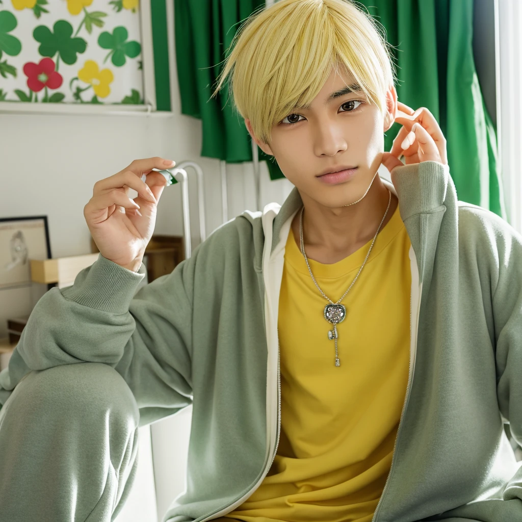 Takemichi Hanagaki Japanese ager with an average height and fair skin. He has bleached yellow hair down in a tousled style.. Ele tem olhos azuis.He wears a sweatshirt. He also wears a shamrock necklace. He is in his room reading manga