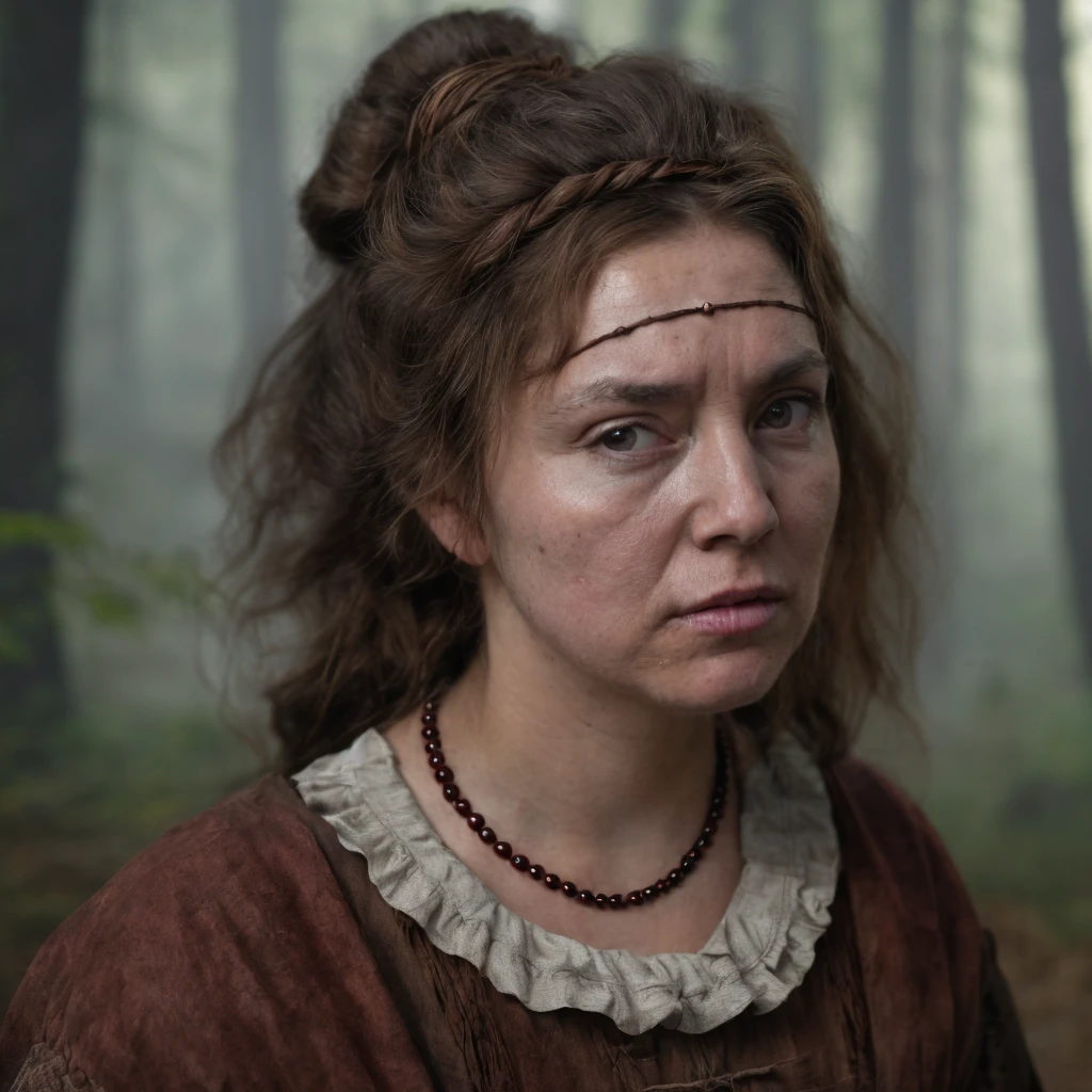 (masterpiece)+, (extremely (realistic)+,a portrait of an ugly young slightly overweight woman peasant, round face, wavy brown hair taken into a bun. bad skin, Wearing peasant dress, Lost stare. Looking in camera. volumetrics dtx, Photorealistic, ultra detailed, Artstation trending, very very detailed, realistic shaded lighting, dynamic shadows, detailed Misty Fey Forest background, upper body, professional photograph of a detailed skin, sharp focus, dramatic, award winning, cinematic lighting, octane render, unreal engine, volumetrics dtx, Photorealistic, ultra detailed, Artstation trending, very very detailed, hyperrealistic, fine details, realistic shaded lighting, dynamic shadows, Misty Fey Forest background, add_detail:1, skin pores and wrinkles, details.,More Reasonable Details