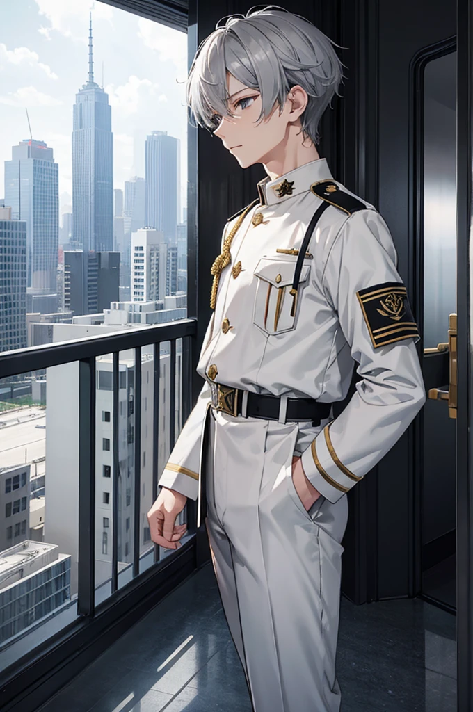 Skyscraper、boy、Gray Hair、White military uniform、night