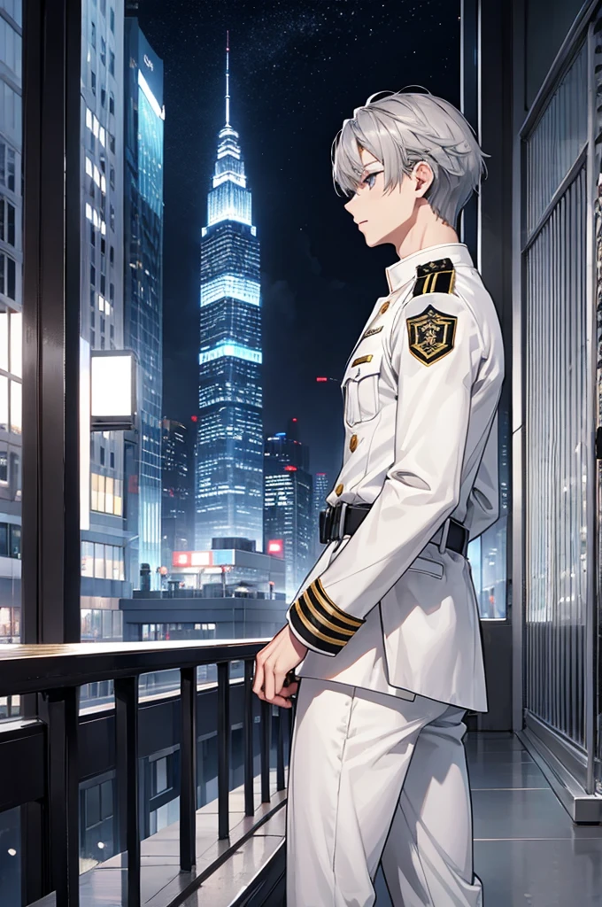 Skyscraper、boy、Gray Hair、White military uniform、night