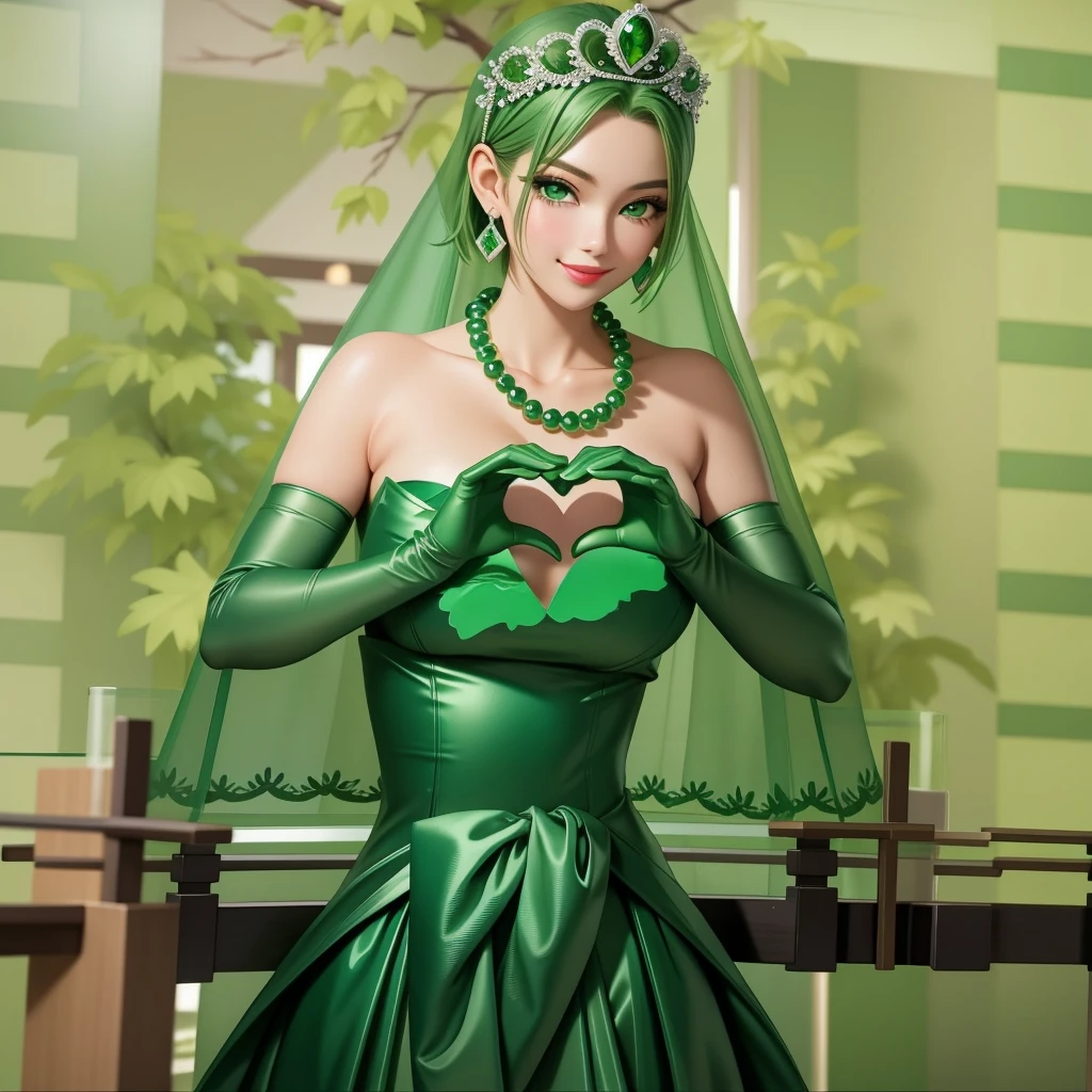 Emerald tiara, Green Pearl Necklace, ボーイッシュな非常に短いGreen Hair, Green Lips, Smiling Japanese woman, Very short hair, Busty beautiful lady, Green Eyes, Green satin long gloves, Green Eyes, Emerald Earrings, Green veil, Heart with both hands, Heart shaped hands, Green Hair, Beautiful Japanese Woman, green lip gloss
