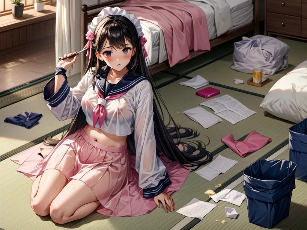 Full body depiction on screen,　A large amount of rolled up dirty tissue paper,　Sitting on a dirty bed,　Tatami with paper scattered　A dirty futon with brown spots　Dirty and old tatami mats　Crushed tissue paper scattered around　Both hands are touching the pillow　background:A Japanese-style room littered with trash ,tatami room,　A lot of tissue paper is scattered on the tatami mat,　Garbage is very scattered,　　Very dirty bed sheets with yellowing stains here and there,　Big breasts that look like their clothes will rip off　very large chest　Extremely distended chest　huge chest bulge　Dimly lit room　Sleeping on a tatami mat　Tissues scattered on the bed　Trash scattered on the bed　Cute long sleeve sailor uniform with lots of frills sewn into the clothes　Fine frill belly long skirt　high school student　Illustrated style　Anime Style　Frown　Narrow Mouth　Small lips　Frightened face　 Face　beautiful girl　Very cute clothes　cheeks pink　Long blonde hair　Super Curly Hair　Super long sideburns　Clothes made of rubber material　Wet and see-through gothic white lolita outfit　Hair band　Wet and transparent very long shocking pink silk skirt　Wet and transparent pearl white silk tights　　A lot of sailor ribbons　Wet and transparent super long silk gloves　Detailed embroidery　Wet and transparent shocking pink　Big eyes　Droopy eyes　Shocking Pink Rouge　Sweating profusely　A room full of trash　Crushed tissue paper scattered on the tatami mat　White Long Boots　My hair is wet from the rain