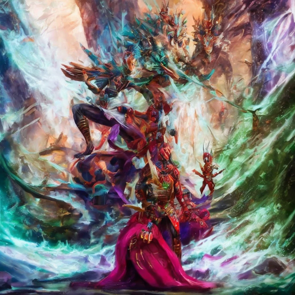 Yvraine, an elegant and formidable Aeldari warrior, dressed in her rune-adorned robe, wielding the sword Kha-vir, surrounded by a luminous and ethereal aura. Beside her, the Visarch, a towering warrior in ceremite armor, brandishing his cruel sword Asu-var, in a protective and battle-ready stance. The scene is set on a futuristic battlefield, with debris and flashes of dark and bright energy around. The image should be in 4K resolution and highly detailed.
