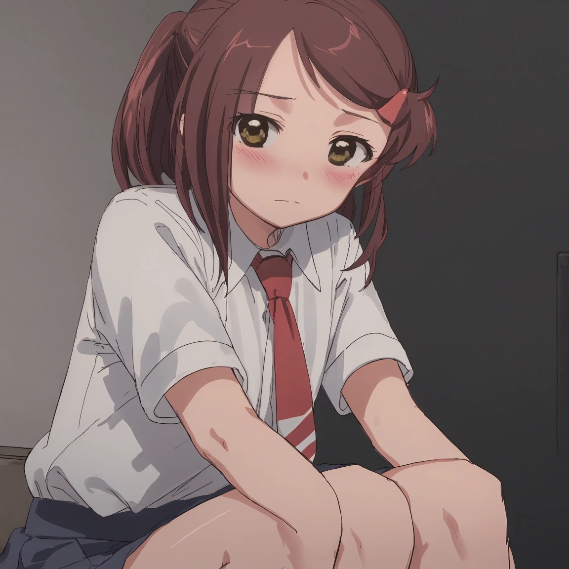 1girl, (suminoe_ako:1.3), sitting, (knees up:1.4), solo, blush, upper body, closed mouth, skirt, white shirt, (red necktie:1.0), looking at viewer, (brown:1.0), short sleeves, arms behind back