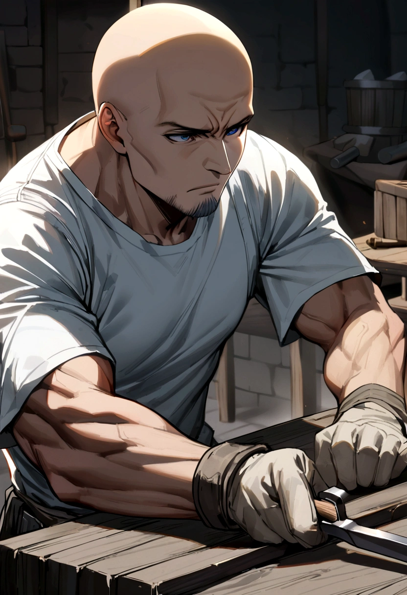 40 year old male, bald head, grey goatee, dark blue eyes, grey tank top, white t-shirt, white gloves, blacksmith