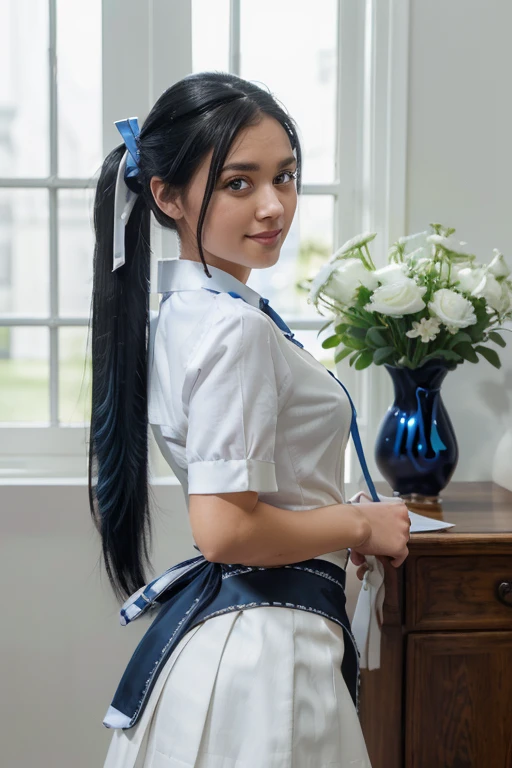 Masterpiece, Top Quality, High Resolution, Very Detailed, Detailed Background,(Fraulem Chrome, (Black Hair, Semi-Long Hair, Blue Ribbon in Ponytail),(White Blouse, Blue Short Ribbon Tie, Blue Long Skirt), Small, Neat, Black Eyes,Studying, Gentle Smile), Scaled Out, Chic Study, Vase