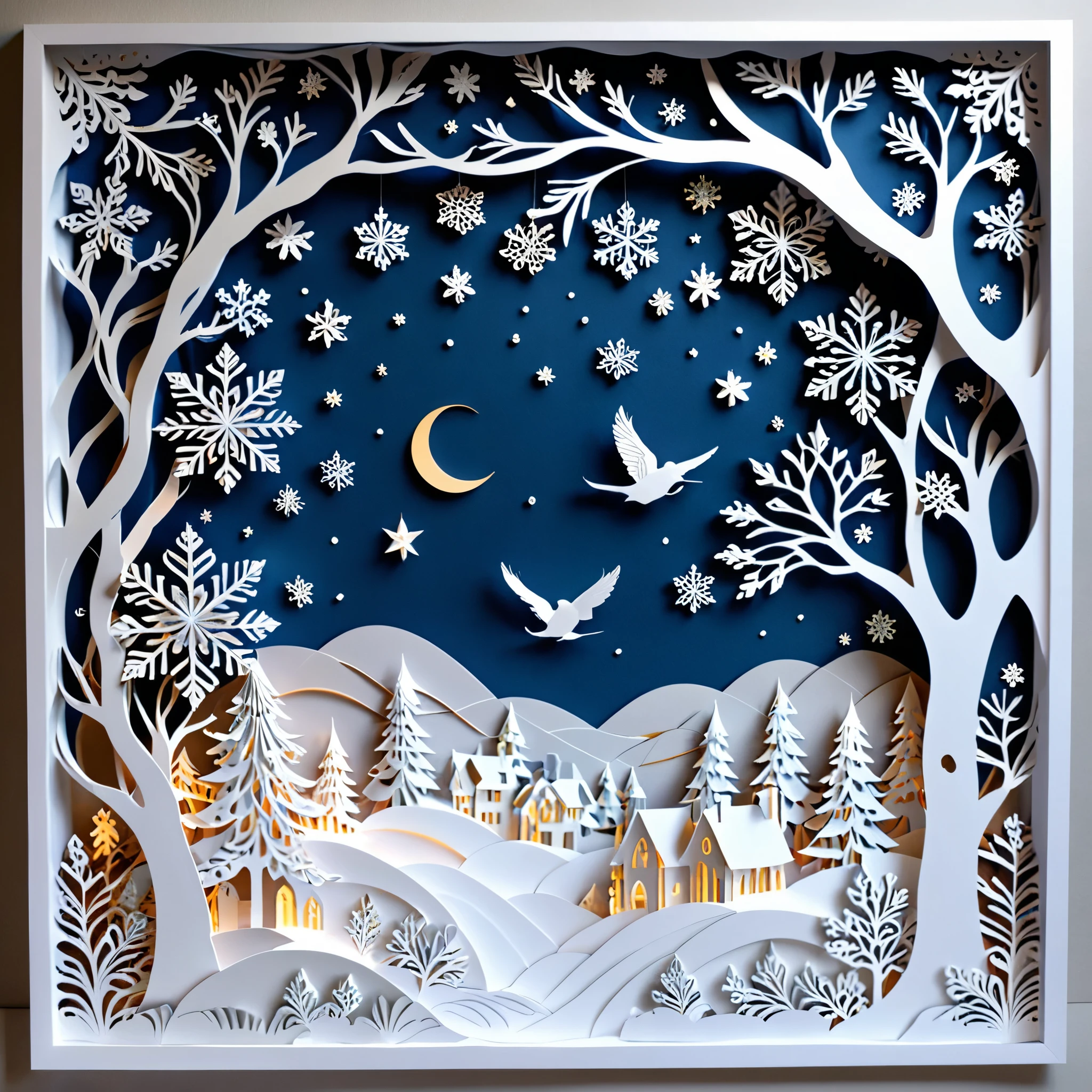 Create a detailed paper cutout artwork depicting a scene that combines snow with intricate patterns. The scene should include delicate snowflakes falling gently, each flake featuring unique and elaborate patterns. The background should incorporate swirling designs and geometric shapes that complement the snowflakes, creating a seamless blend between the natural and the abstract. The artwork should evoke a sense of tranquility and beauty, capturing the serene and intricate nature of snow and patterns. The overall mood should be elegant and peaceful, highlighting the delicate artistry of winter through detailed design.