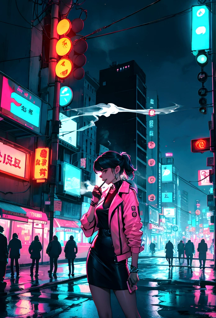 girl, neon, midnight, city, smoking,