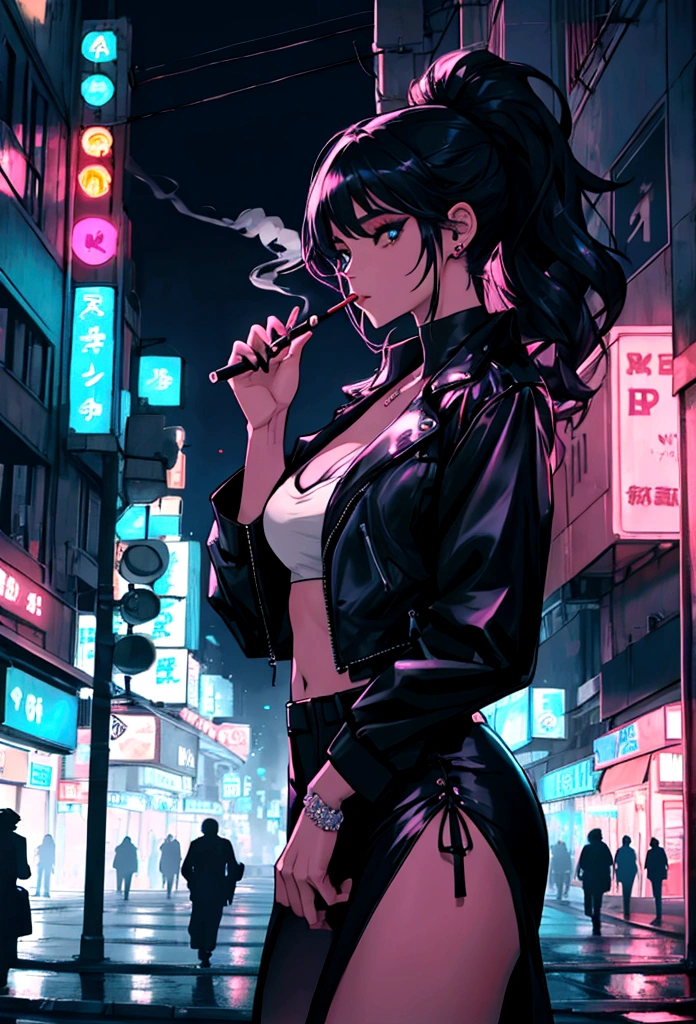 girl, neon, midnight, city, smoking,