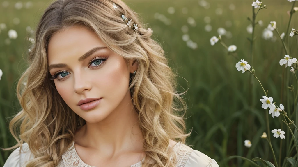(masterpiece:1.2), (best quality:1.2), perfect eyes, perfect face, perfect lighting, 1girl, mature female in a field, medium blond hair, curly hair, detailed clothes, detailed outdoor background, makeup, eyeshadow, thick eyelashes, fantasy, looking at the viewer, spring