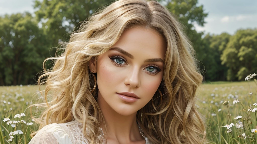 (masterpiece:1.2), (best quality:1.2), perfect eyes, perfect face, perfect lighting, 1girl, mature female in a field, medium blond hair, curly hair, detailed clothes, detailed outdoor background, makeup, eyeshadow, thick eyelashes, fantasy, looking at the viewer, spring