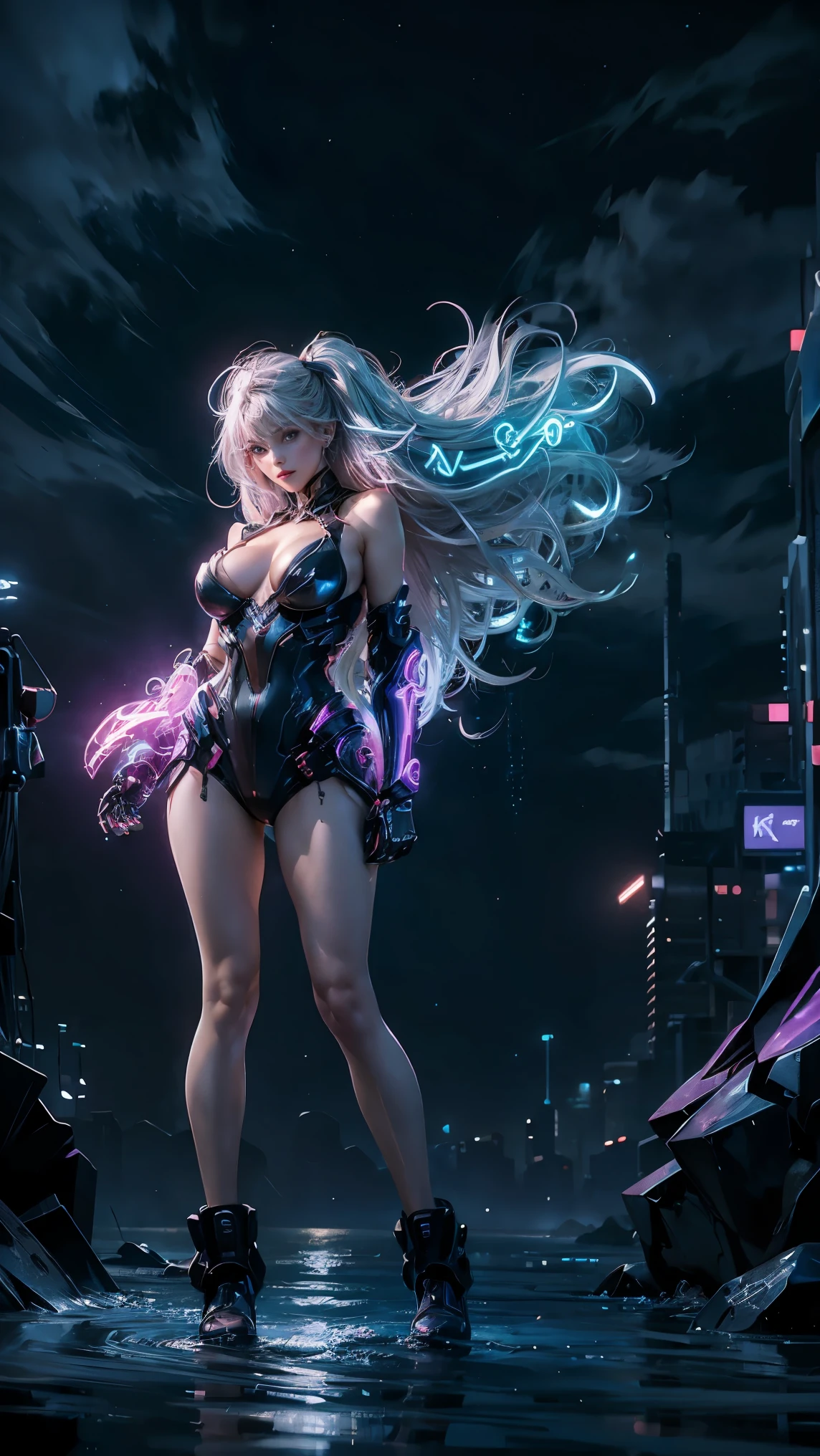 masterpiece, best quality, 1girl, ives , Mecha, beautiful lighting, (Neon light: 1.2), (night: 1.5), "masterpiece, best quality, 1girl, full body portrait, sensual pose, blue eyes, multicolored+silver hair:1.3+red:1.2+purple+yellow:1.3+green:1.3, sculpted legs and tempting curves, full breasts, pretty face, lots of water drops, cloud, Twilight, open shot, Watercolor, Neon light: 1.2, night:1.5, Mecha, beautiful lighting, bright neon light: 1.2, unforgettable mysterious night: 1.5"