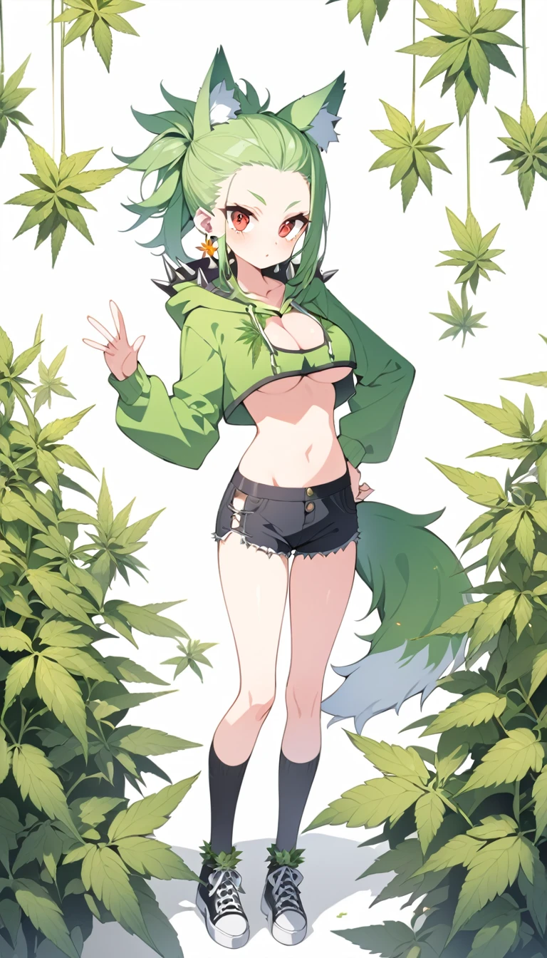   , Croped, , cleavage, slim waist, cropped hoodie underboob, cropped hoodieunderboobhoodie, 1girl, 2 wolf ears, wolf tail, marijuana crop hoodie, crop shorts, marijuana hoodie, spiky hair, spiky fur, green hair, red eyes,marijuana field, tight clothes, perfect eyes, perfect hands, clear resolution, full body, cleavage skin, marijuana plants, open hoodie, marijuana scenery, black thigh high socks, full body, earrings, 1girl, skirt,  cleavage, slim waist, cleavage, slim waist, hair pulled back, 