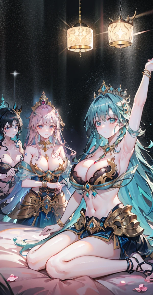 Group of 5 princesses,(6 young women,many young women), (in the bedroom), Various hair styles, harem,(shiny armor, Beautiful crowns and jewelry,crystal filigree jewelry), at night, detailed face, big breasts,Breast curtain, long skirt, mule, Sleeveless , Show your armpits, at night, starry at night,(large areolae:1.4,pink,The nipples are clearly visible....),(Various poses),(no bra), Highest quality、Highest picture quality、Masterpiece