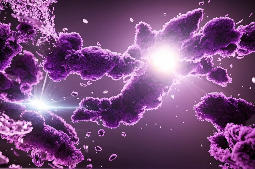 A round bacterium is being sterilized and broken into pieces,Light bursts out from bacteria,Purple,Octane Rendering,C4D,HD