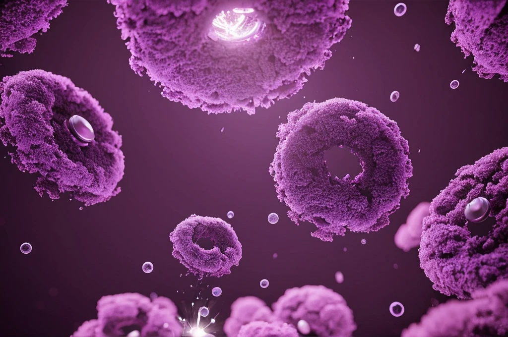 A round bacterium is being sterilized and broken into pieces,Light bursts out from bacteria,Purple,Octane Rendering,C4D,HD
