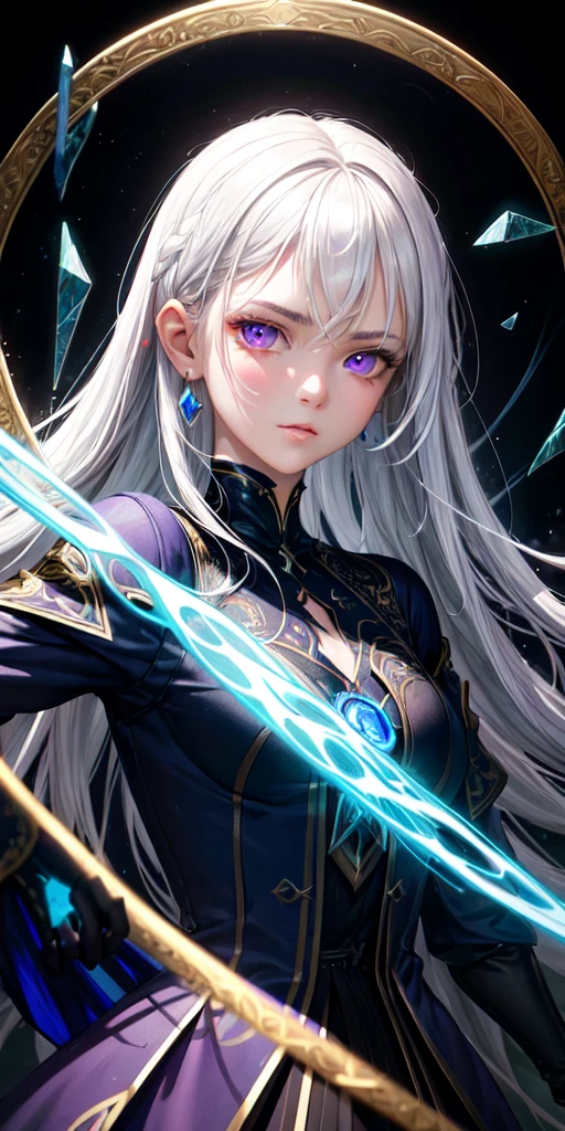 (masterpiece, best quality, ultra-detailed, best shadow), (detailed background,dark fantasy), (beautiful detailed face), high contrast, (best illumination, an extremely delicate and beautiful), ((cinematic light)), colorful, hyper detail, dramatic light, intricate details, (1girl, solo,white hair, sharp face,purple eyes, hair between eyes,dynamic angle), blood splatter, swirling black light around the character, depth of field,black light particles,(broken glass),magic circle,