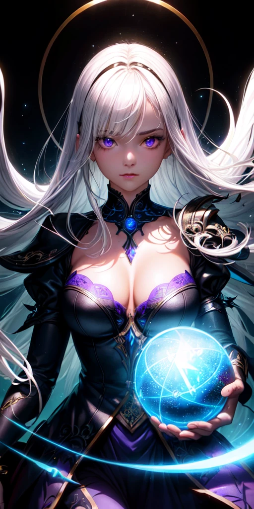 (masterpiece, best quality, ultra-detailed, best shadow), (detailed background,dark fantasy), (beautiful detailed face), high contrast, (best illumination, an extremely delicate and beautiful), ((cinematic light)), colorful, hyper detail, dramatic light, intricate details, (1girl, solo,white hair, sharp face,purple eyes, hair between eyes,dynamic angle), blood splatter, swirling black light around the character, depth of field,black light particles,(broken glass),magic circle,