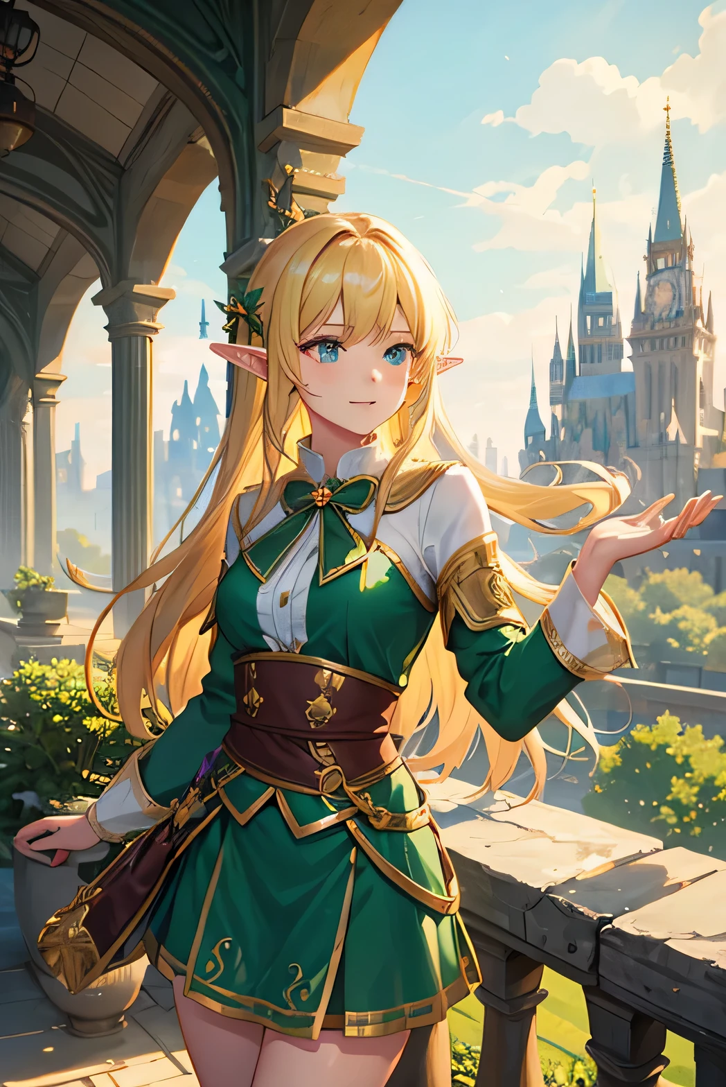 Beautiful elf magician，blond hair，Green Skirt，Magical city background