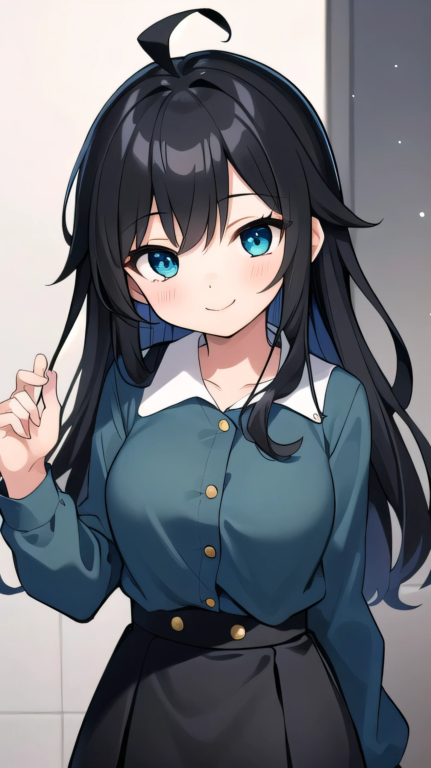 Junior high school student who looks like an elementary school student, 14 years old, very short, 140cm tall, black hair with a slight green tinge, short ahoge, beautiful long hair but with a little hair sticking out, beautiful round eyes, blue eyes, smile, boyish, long sleeves , thick clothes, skirt, big breasts, hair longer than waist, long hair, young face, dark greenish black hair, gentle smile, a little shy, skirt is black, hair is black but has a slight green tinge, boyish and gentle smile I have.
