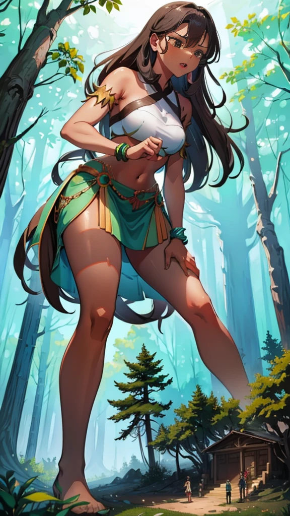 ((ultra quality)), ((tmasterpiece)), Deer Girl, furry doe, ((there are only deer ears)), (brown-haired woman, long straight hair), (green leaves in hair), (Beautiful cute face), (beautiful female lips), Charming, (doe nose), ((sexy facial expression)), is looking at the camera, eyes are slightly closed, ((skin color brown)), Body glare, ((detailed beautiful female eyes)), ((dark green eyes)), (juicy female lips), (beautiful female hands), ((perfect female figure)), perfect female body, Beautiful waist, black claws, gorgeous big thighs, beautiful breasts, ((Subtle and beautiful)), seductively worth it, (tribal clothing ,wearing a green loincloth with green leaves, green top with green leaves, Tribal jewelry) background: Night Forest, the night, camp fire, ((Depth of field)), ((high quality clear image)), (crisp details), ((higly detailed)), Realistic, Professional Photo Session, ((Clear Focus)), the anime, NSFW