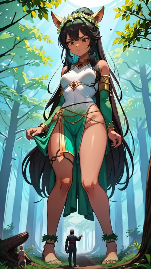 In a forest of large trees there is an even larger Amazonian giantess, with brown skin, black hair, thin, with clothes of the forest, and with very long legs, she is looking for small human invaders of the forest to destroy them so that they do not disturb the peace of the forest. Giantess, goddess, hot, black skin, tall legs, sexy, tiny people, tiny humans, crush, forest, trees, standing, group of small people, slim body, angry, gore