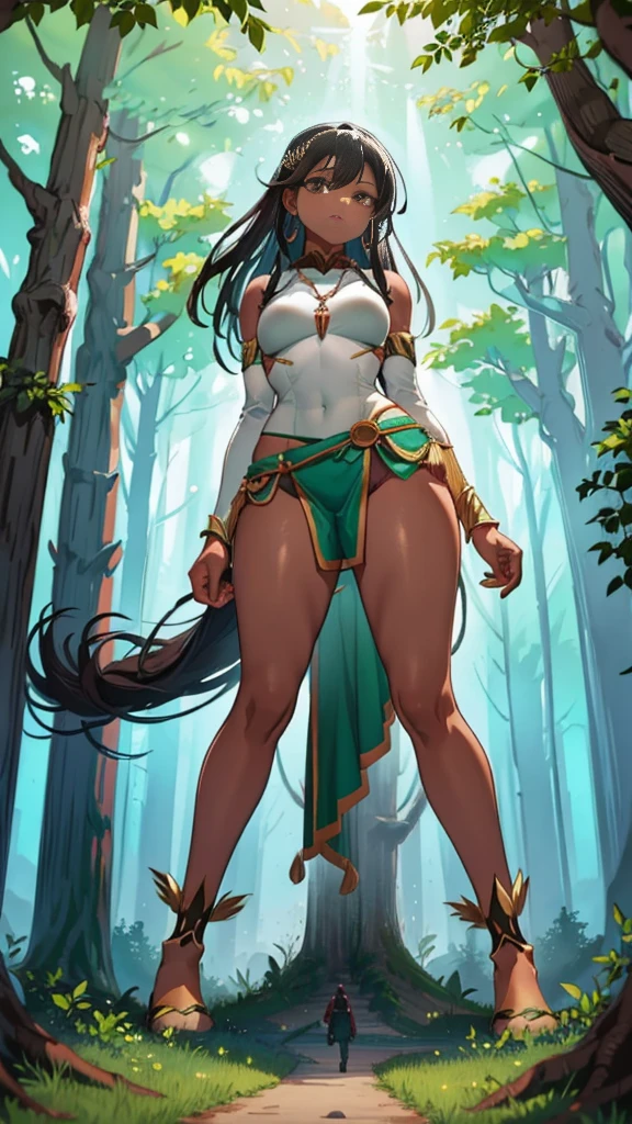 In a forest of large trees there is an even larger Amazonian giantess, with brown skin, black hair, thin, with clothes of the forest, and with very long legs, she is looking for small human invaders of the forest to destroy them so that they do not disturb the peace of the forest. Giantess, goddess, hot, black skin, tall legs, sexy, tiny people, tiny humans, crush, forest, trees, standing, group of small people, slim body, angry, gore